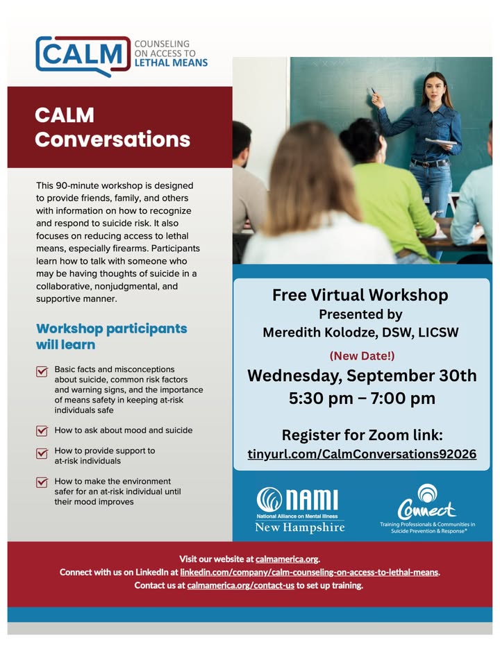 💻 CALM (Counseling on Access to Lethal Means) Conversations – Free Virtual Workshop on Wednesday, Sept. 30, 5:…