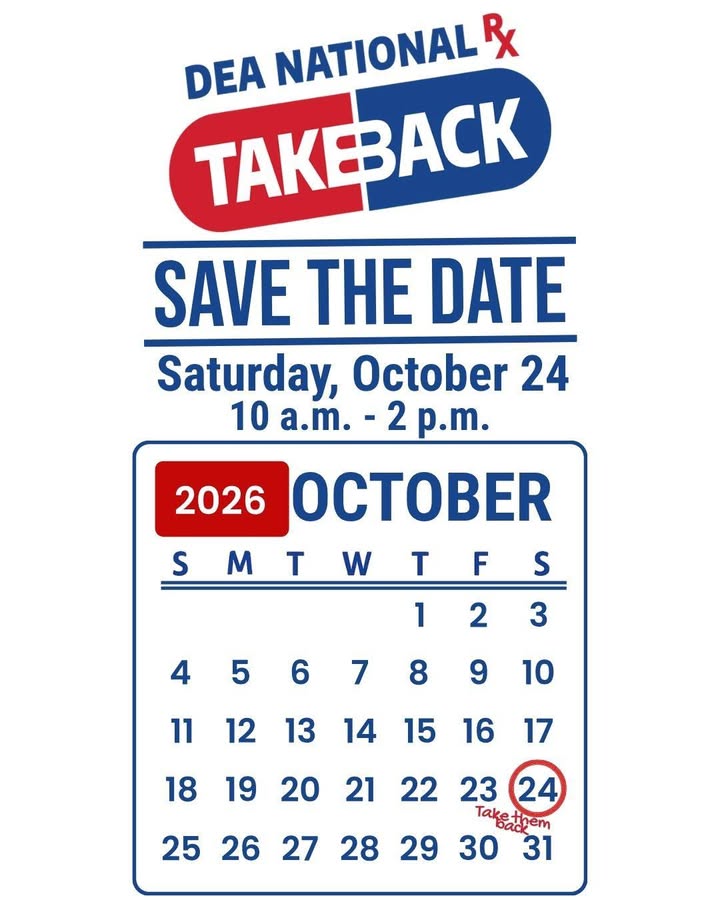 📅 Save the Date! DEA National Prescription Drug Take Back Day is coming up on Saturday, October 24. Safely dis…
