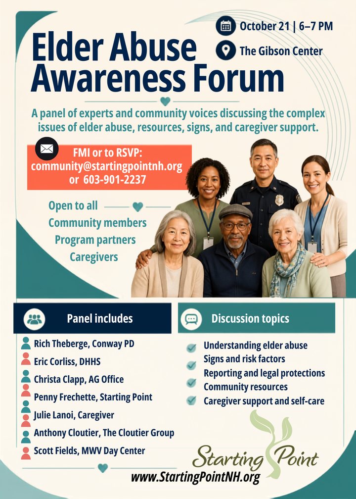Elder Abuse Awareness Forum, October 21, 6-7PM at The Gibson Center FMI or to RSVP: community@startingpoint.or…